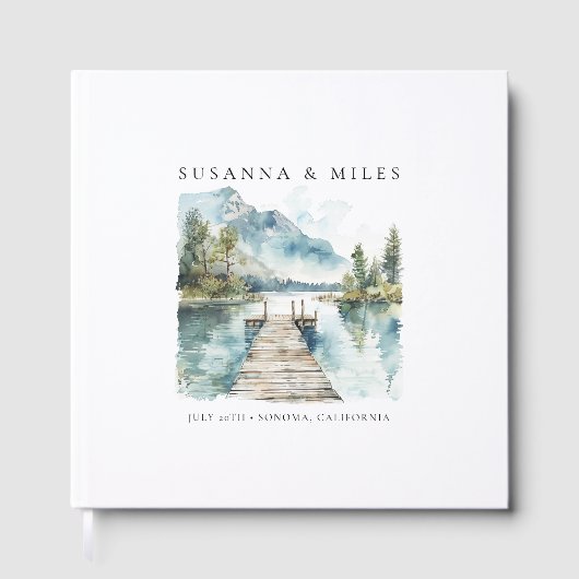 Bergsee-Aquarell-Wald-Hochzeitsbäume Gästebuch (Vorderseite)