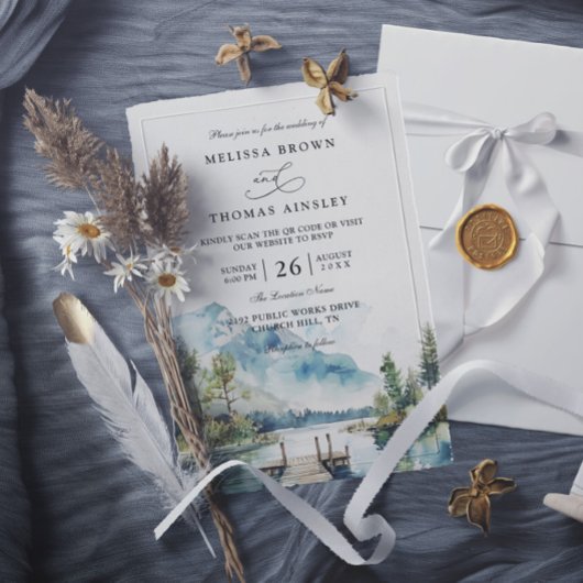 Bergsee-Aquarell-Wald-QR-Code-Hochzeit Einladung