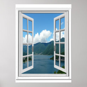 Bergsee Blick Trompe l'oeil Falsches Fenster Poster