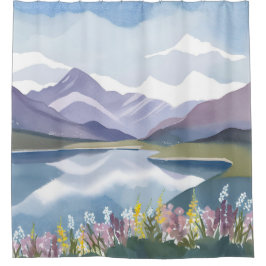 Bergsee | Florale Aquarell-Landschaft Duschvorhang