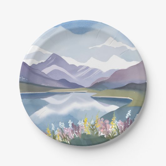 Bergsee | Florale Aquarell-Landschaft Pappteller (Vorderseite)