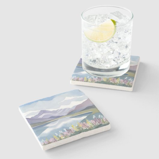 Bergsee | Florale Aquarell-Landschaft Steinuntersetzer (Seitenansicht)