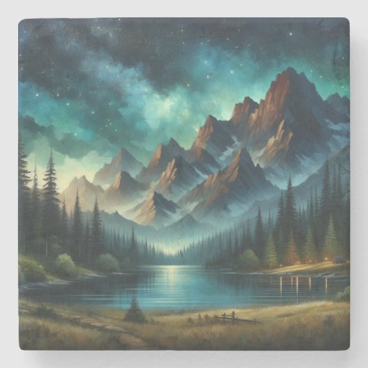 Bergsee/Hütte unter den Sternen Steinuntersetzer (Vorderseite)