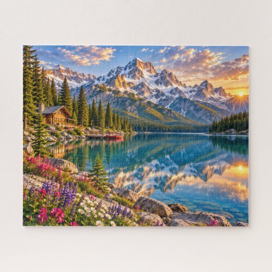 Bergsee-Hütten-Landschaft Puzzle (Horizontal)