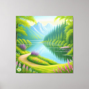 Bergsee mit blühenden Blumen und Kiefern Leinwanddruck