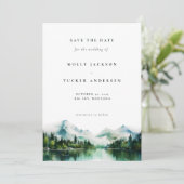 Bergsee Pine Wasserfarbenes Foto Save the Date Einladung (Stehend Vorderseite)