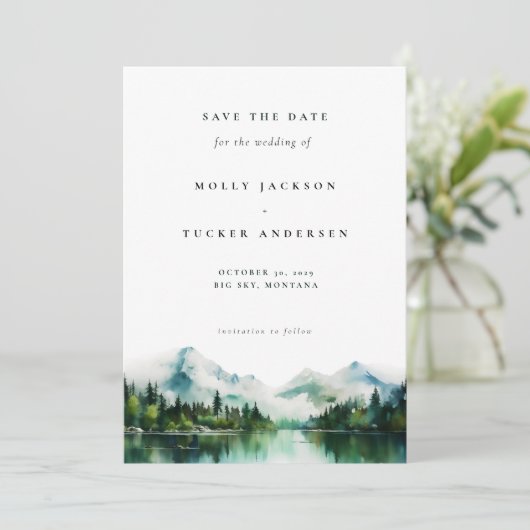Bergsee Pine Wasserfarbenes Foto Save the Date Einladung (Stehend Vorderseite)