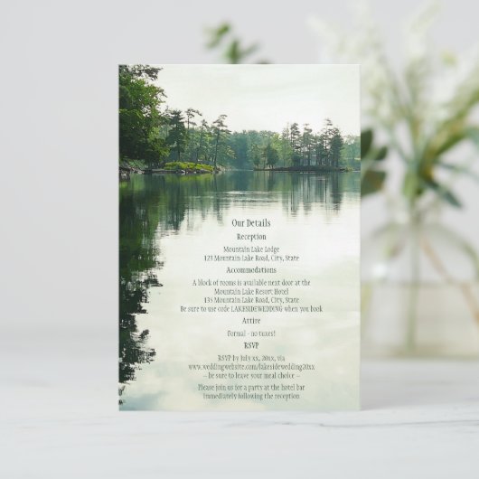 Bergsee Reflexion rustikale Hochzeitsdetails Begleitkarte (Stehend Vorderseite)