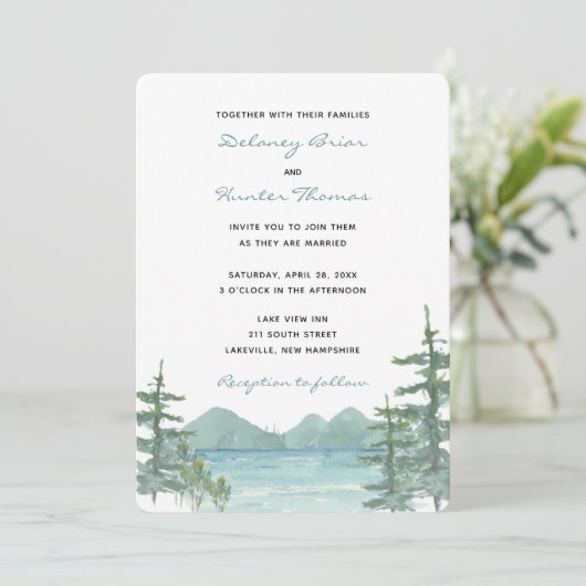 Bergsee Thema Wasserfarbenhochzeit Einladung (Stehend Vorderseite)