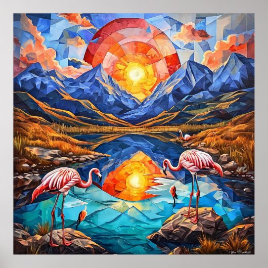 Bergsee und Flamingo Poster (Vorne)
