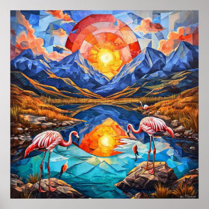 Bergsee und Flamingolandschaft Poster