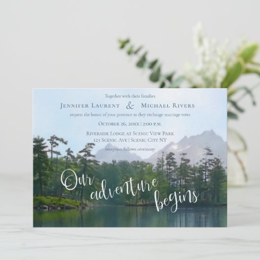 Bergsee Unser Abenteuer beginnt Einladung (Stehend Vorderseite)