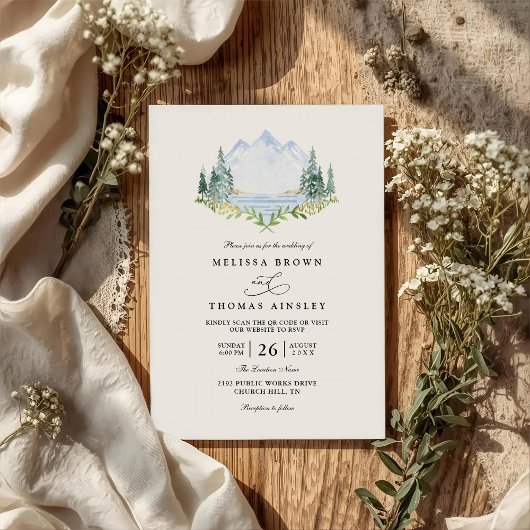 Bergsee-Wald-Baum-Rustikale-QR-Code-Hochzeit Einladung