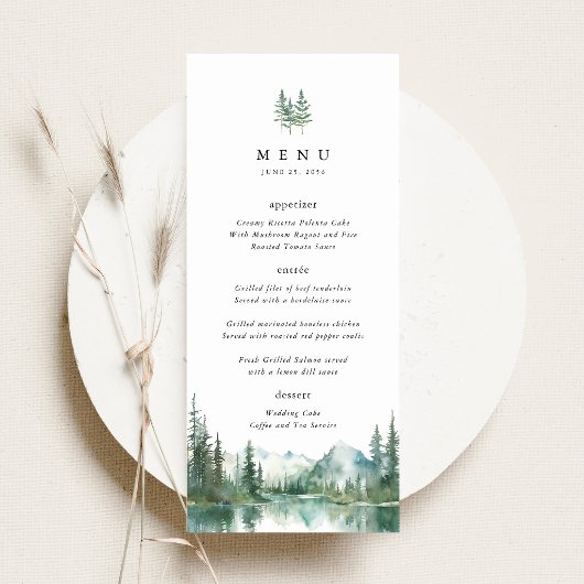 Bergsee-Wald-Hochzeitsempfang-Abendessen Menükarte