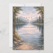 Bergsee-Wald-Reflexions-Hochzeit Save The Date (Vorderseite)