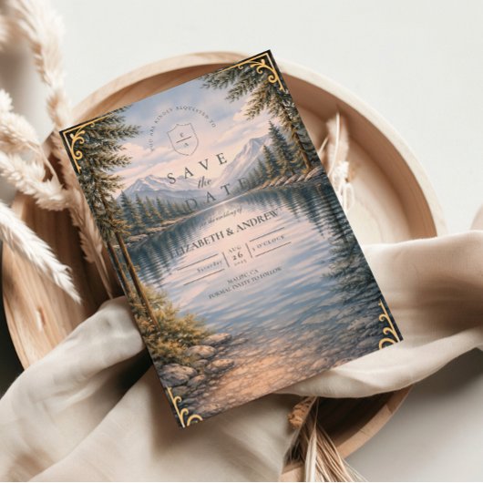 Bergsee-Wald-Reflexions-Hochzeit Save The Date