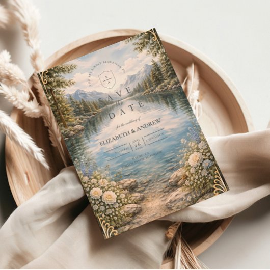 Bergsee-Wald-Wildblumen-Hochzeit Save The Date