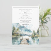 Bergsee Wasserfarbenwald Bäume Hochzeit Einladung (Stehend Vorderseite)