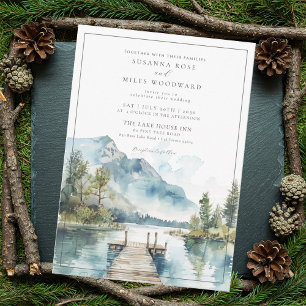 Bergsee Wasserfarbenwald Bäume Hochzeit Einladung
