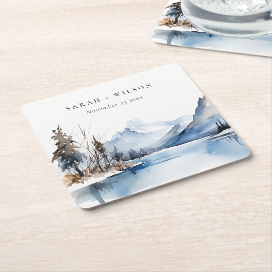 Bergsee Winterschnee Landschaft Hochzeit Rechteckiger Pappuntersetzer (angewinkelt)