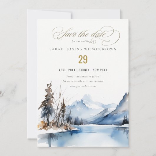 Bergsee Winterschnee Landschaft Hochzeit Save The Date (Vorderseite)