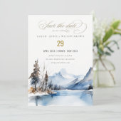 Bergsee Winterschnee Landschaft Hochzeit Save The Date (Stehend Vorderseite)