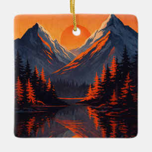 Bergsonnenuntergang Reflexion Feuerorange Himmel  Keramikornament