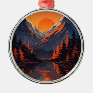 Bergsonnenuntergang Reflexion Feuerorange Himmel  Ornament Aus Metall