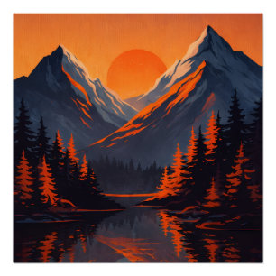 Bergsonnenuntergang Reflexion Feuerorange Himmel  Poster