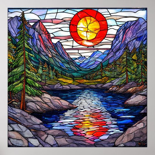 Bergszene mit See und Bäumen Poster (Vorne)