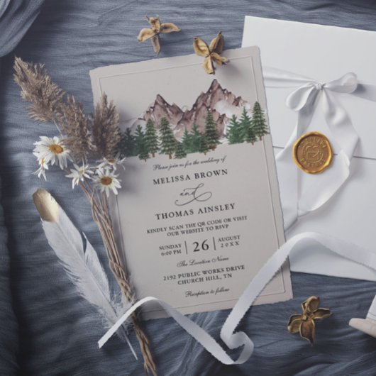 Bergwald Baum Rustikale Budget QR-Code Hochzeit Einladung