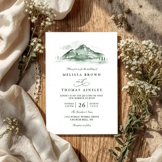 Bergwald Bäume Kiefer Rustikal QR-Code Hochzeit Einladung