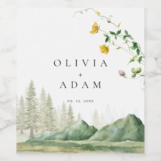 Bergwald Boho Wildblume Rustikale Hochzeit Weinetikett (Einzelnes Label)