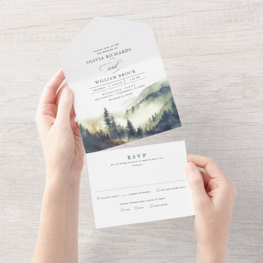 Bergwald Fog Abend Landschaft Hochzeit All In One Einladung (Abreißen)