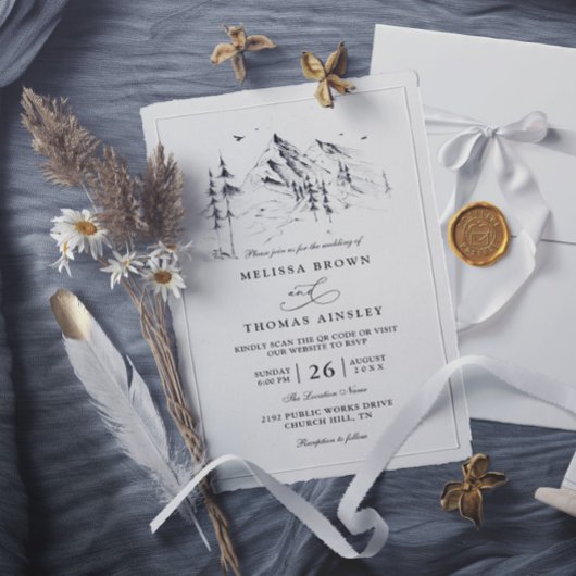 Bergwald handgezeichneter Sketch-QR-Code Hochzeit Einladung