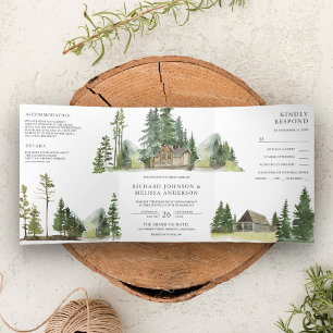 Bergwald Lodge Blockhütte Alles in Einem Hochzeit Dreifach Gefaltete Einladung