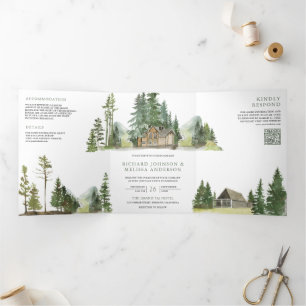 Bergwald Lodge Blockhütte QR Code Hochzeit Dreifach Gefaltete Einladung
