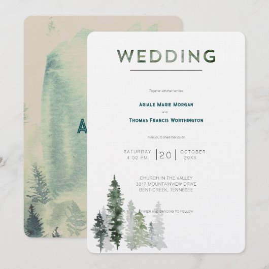 Bergwald Moderne Hochzeit Einladung (Vorne/Hinten)