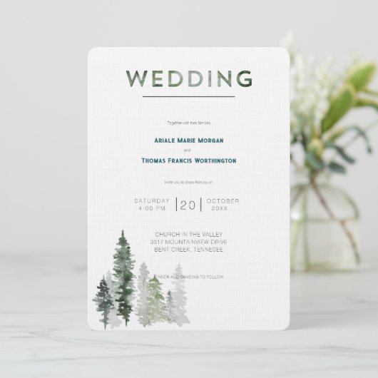Bergwald Moderne Hochzeit Einladung (Stehend Vorderseite)