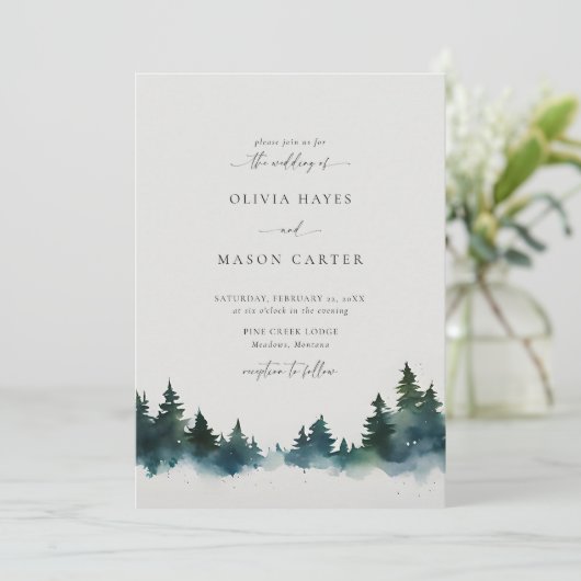 Bergwald Rustikale Außenwelt Moderne Hochzeit Einladung (Stehend Vorderseite)
