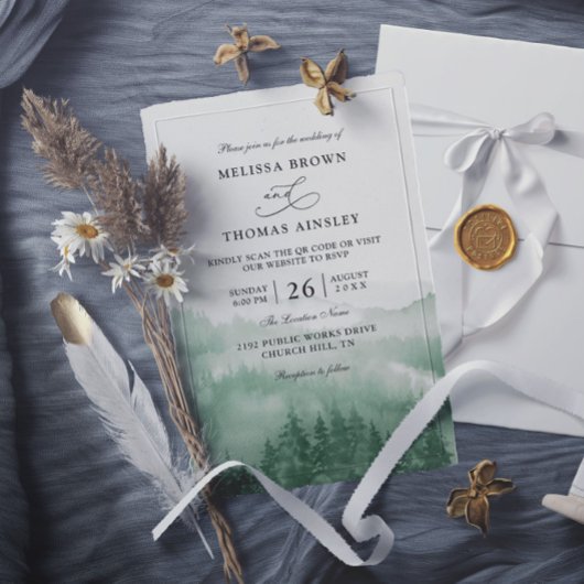 Bergwald Rustikale Baum Budget QR-Code Hochzeit Einladung