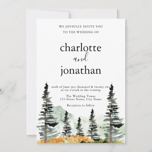 Bergwald Rustikale Hochzeit Einladung (Vorderseite)