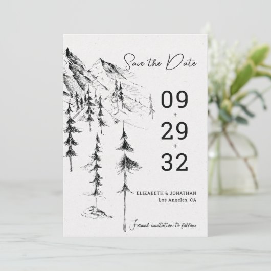 Bergwald von Hand gezeichnet, schlicht und elegant Save The Date (Stehend Vorderseite)