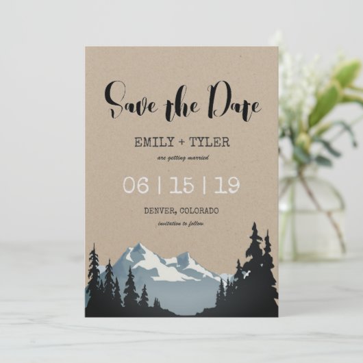 Bergwaldhochzeit rettet das Datum Einladung (Stehend Vorderseite)