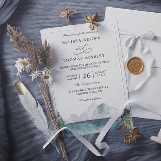 Bergwaldsee Boho Rustikale QR-Code-Hochzeit Einladung