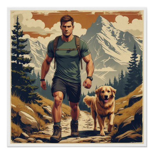 Bergwanderer- und Hunde-Abenteuer-Illustration Poster (Vorderseite)