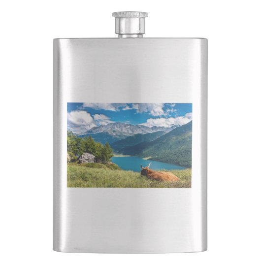 Bergweide Hochlandkuh Flachmann (Vorderseite)