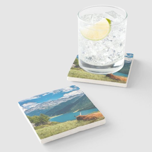 Bergweide Hochlandkuh Steinuntersetzer (Seitenansicht)