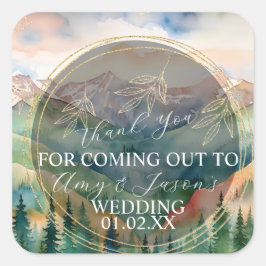 Bergwelt Wasserfarbenwelt Zielort Hochzeit Quadratischer Aufkleber