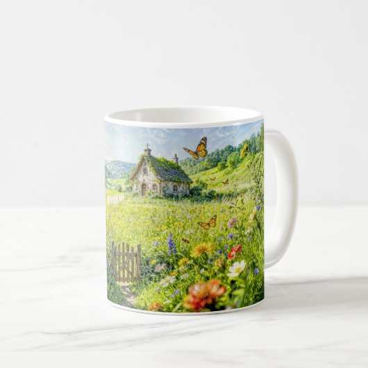 Bergwiesenhaus mit Blumen, Tor und Aber Kaffeetasse (VorderseiteRechts)